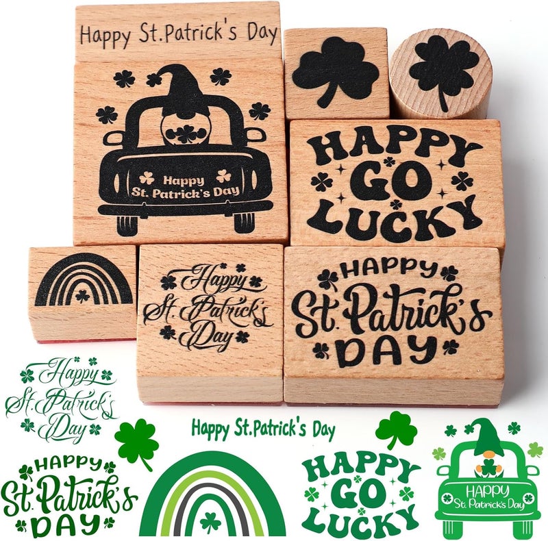 Supervitae 8 Pcs St. Patrick's Day Rubber Stamp Set Wooden Rubber Stamps St. Patrick Day's Gnome Vintage Wooden Rubber Art Stamps for Crafting and DIY Scrapbooking Card Making Hand Book - Image 1